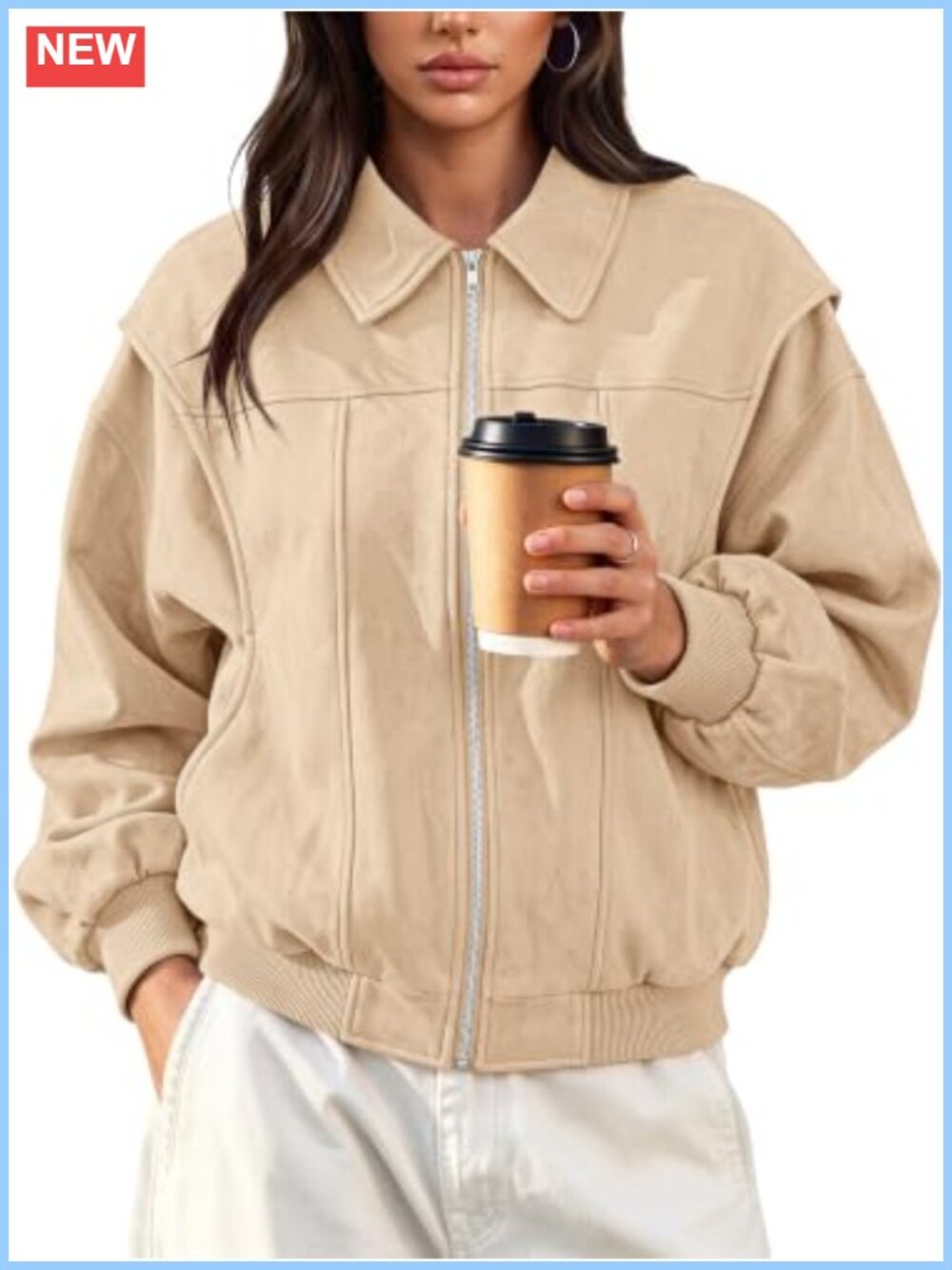 Faux Suede Bomber Jacket Womens Zip Up Casual Coat